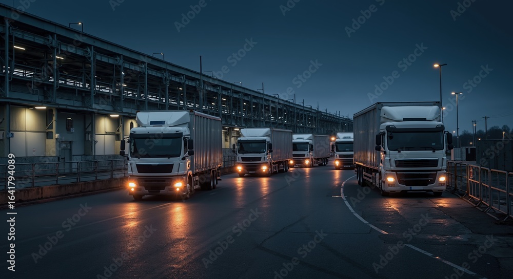 Naklejka premium Convoy of refrigerated trucks leaving plant at dusk, cold chain logistics ensuring reliable delivery. Fits transport ads, policy notes, industry reports