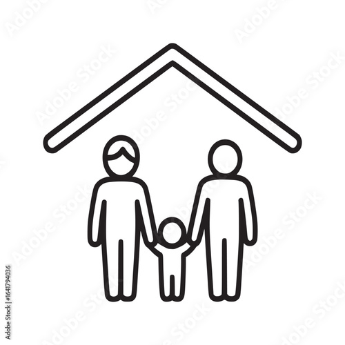 A simple line drawing of a family of three standing under a roof representing home and security