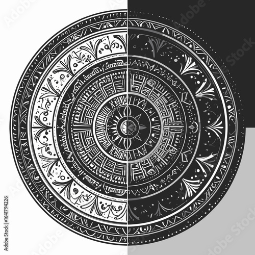 A monochrome, symmetrical design with intricate details, divided vertically, featuring circular patterns & stylized sun