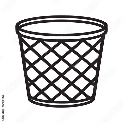 A simple black and white line drawing of a wastebasket with a criss cross pattern on a white background