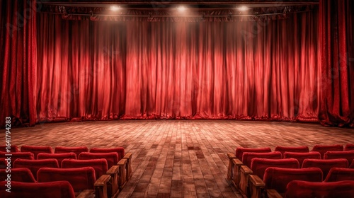 Dramatic Red Theater Curtains and Empty Stage with Rows of Seats, Ready for Performance