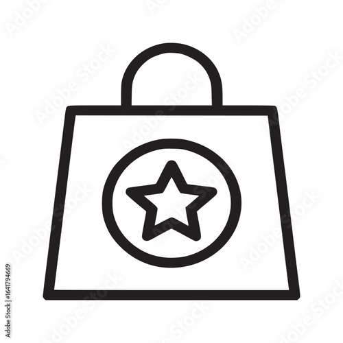 A simple line drawing of a shopping bag with a star inside of a circle on the bag icon
