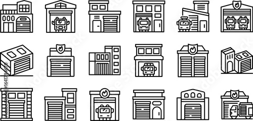 Fire station icons set. Set of fire station building icons showcasing various designs and firefighting trucks, representing emergency services and fire departments