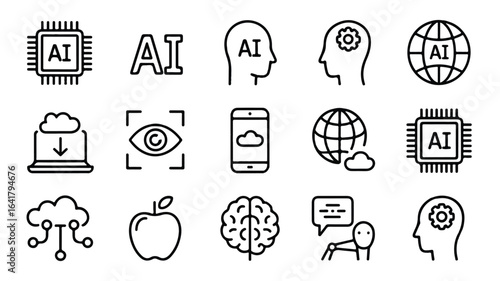 Artificial Intelligence and Machine Learning Vector Icon Set Representing Modern Technology and Innovation for the Future