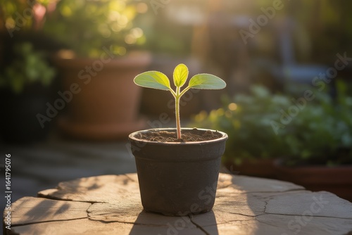 Young plant sprout growing in a pot bathed in golden sunlight
