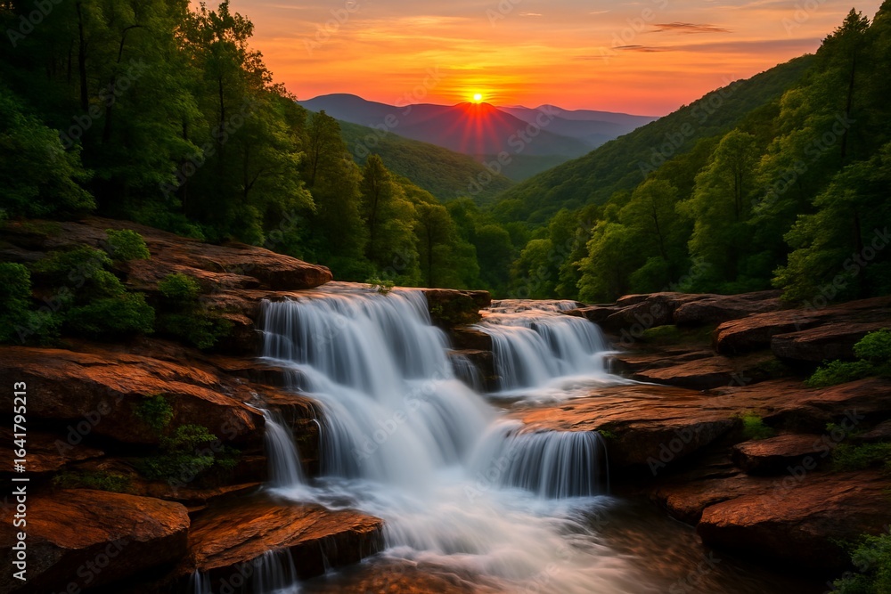 Fototapeta premium Majestic Waterfall in Blue Ridge Mountains at Sunset with Lush Greenery and Rustic Orange Rocks