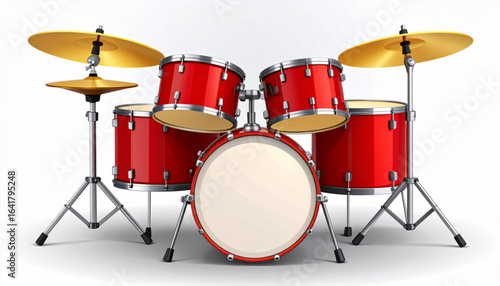 A vibrant red drum kit set against a clean white background, ready to play.