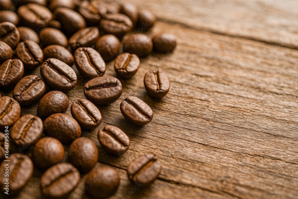 Naklejka premium Roasted Coffee Beans on Rustic Wood Table Top Close Up for Food and Drink Concepts