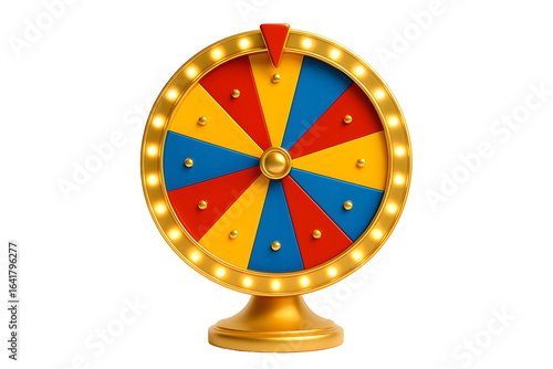 Golden prize wheel with red blue yellow segments isolated on a transparent background game wheel