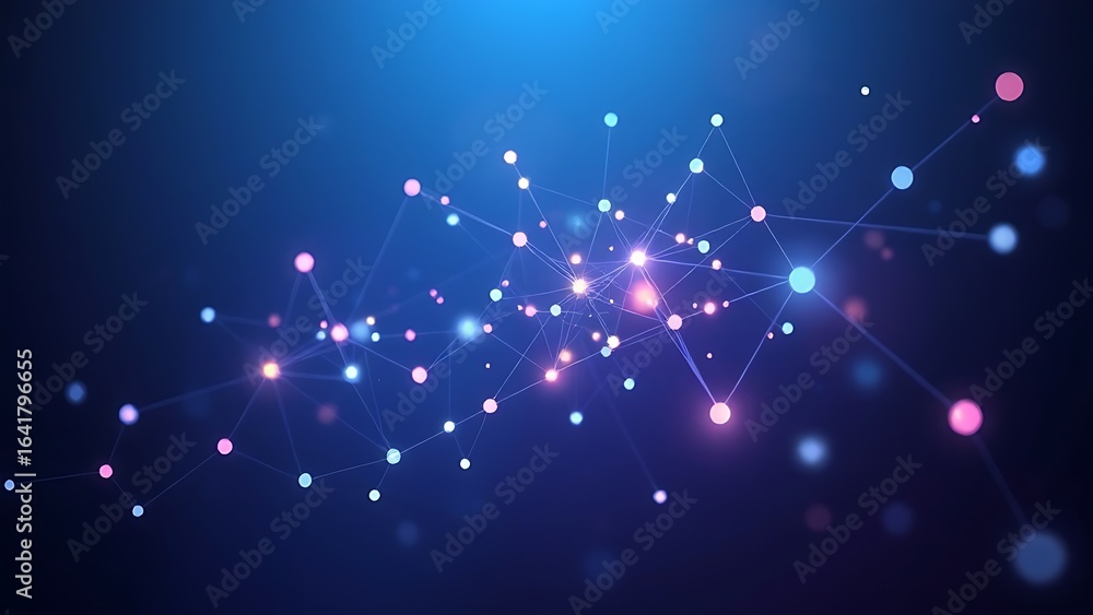 Fototapeta premium Abstract data visualization with glowing interconnected nodes in dark space, symbolizing modern technology.