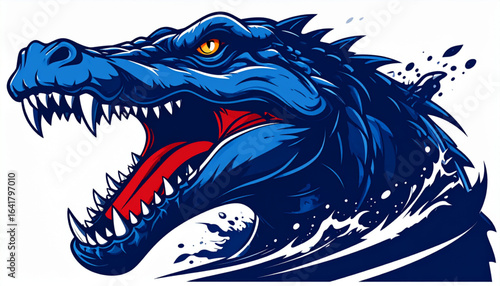 A stylized, blue crocodile head with its mouth open, revealing red tongue and sharp teeth, surrounded by white water splashes.
