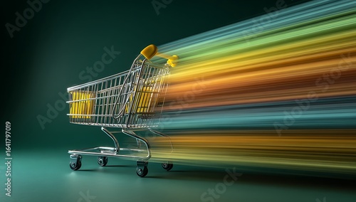 Shopping cart in motion with colorful light streaks.