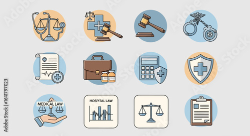 Medical law and healthcare icon set depicting justice, regulations, insurance, and legal protection