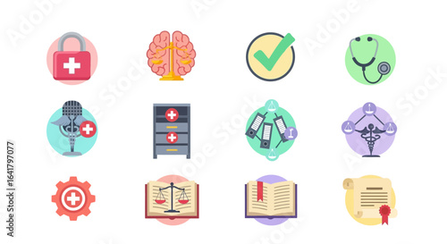 Healthcare and Justice Flat Icon Set: Medicine, Law and Ethics Symbols