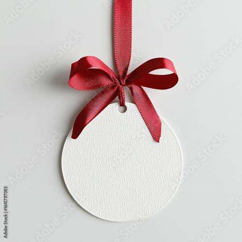 White Round Tag with Red Ribbon and Bow label blank