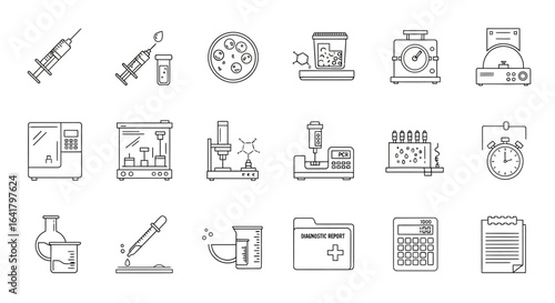Minimalist outline icon set: Medical research equipment & lab tools