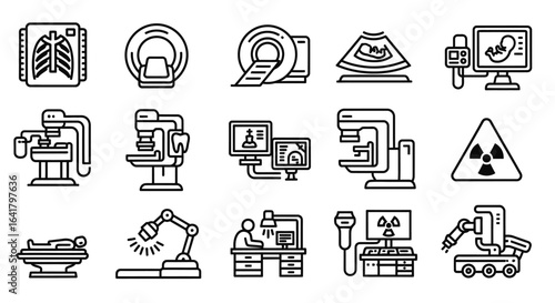 Diagnostic imaging icon set: Medical scans & radiation equipment in simple black line style