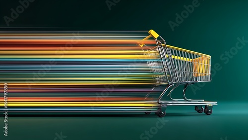 Shopping cart in motion with colorful light streaks.