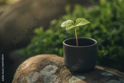 Tiny seedling in a pot on a rock with green foliage background