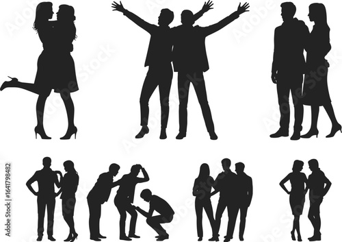 PrintSilhouette of couples, friends and people, interacting in various poses, romantic and friendly relationships, casual standing group, white background