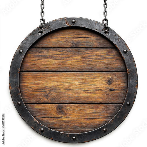 Round wooden sign with metal rim hanging from chains image