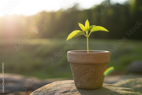 Young plant growing in a terracotta pot outdoors at sunset