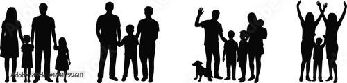 PrintSilhouette of families, parents with children, standing together, happy moments, bonding time, casual pose, family group, white background