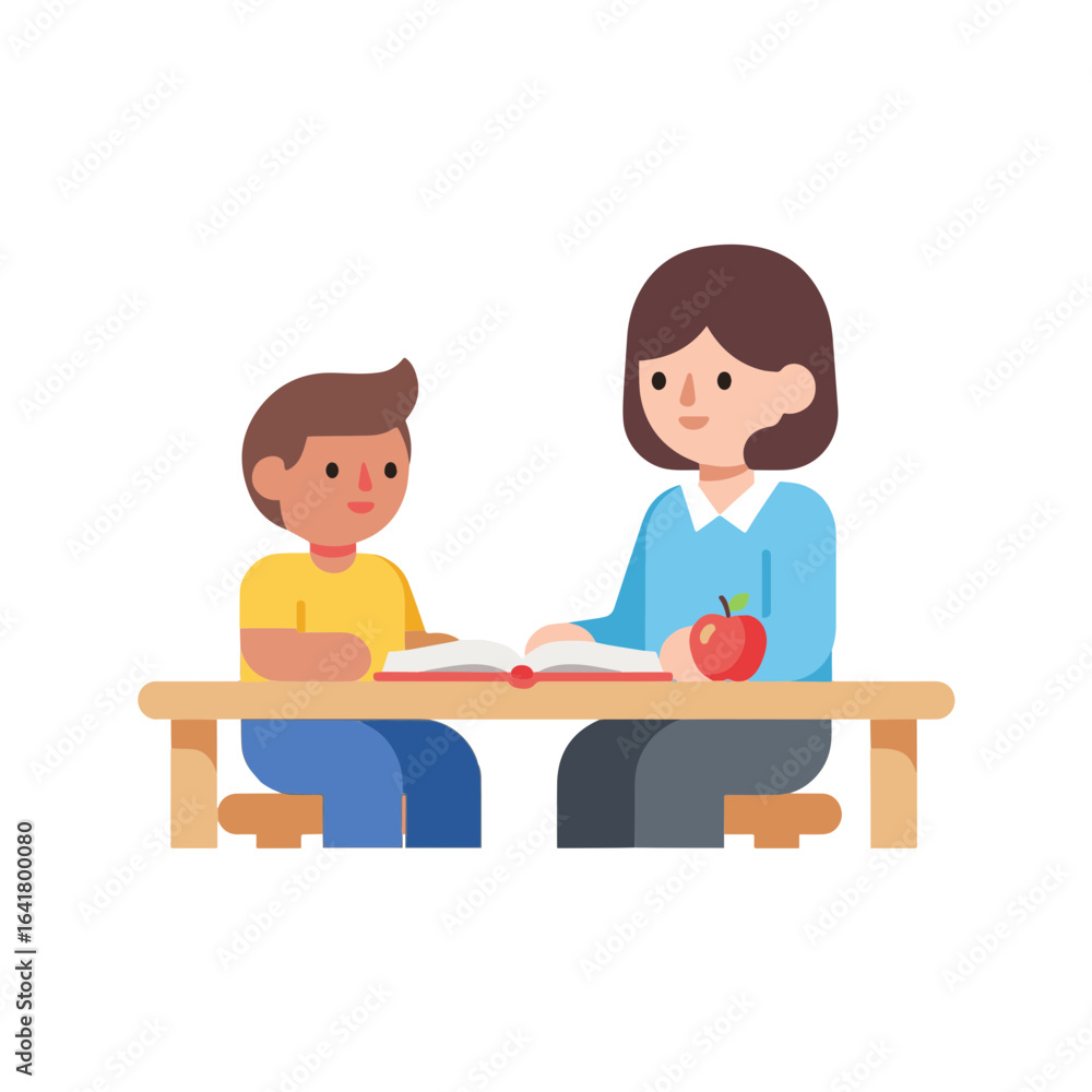 Flat Minimalist Child Learning with Teacher Vector Illustration Flat Minimalist Child Learning with Teacher Vector Illustration