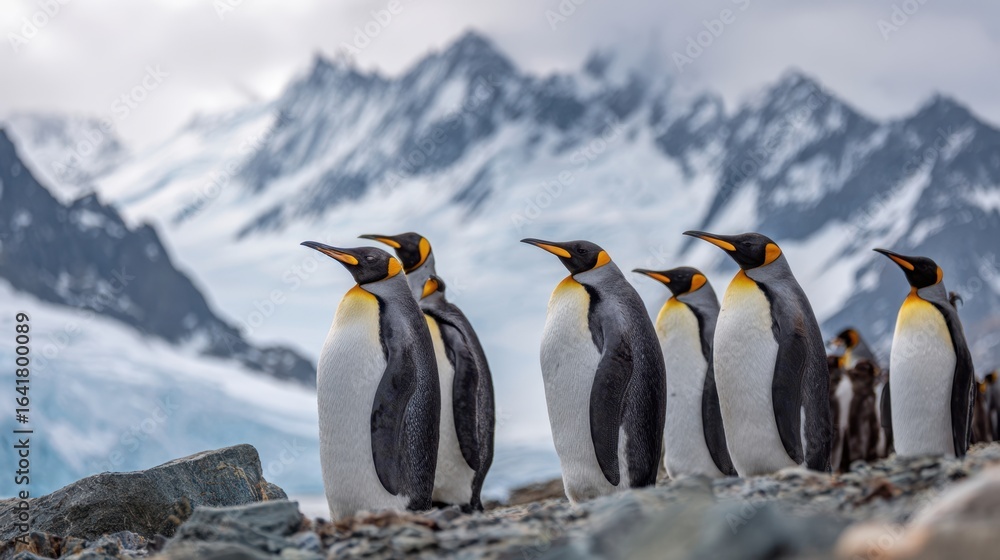 Fototapeta premium The elegant group of penguins standing proudly against a majestic Antarctic landscape.