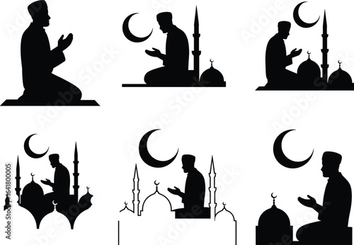 Islamic prayer silhouette, Muslim man praying, mosque and crescent moon icon, Ramadan worship illustration, religion concept, spiritual design vector