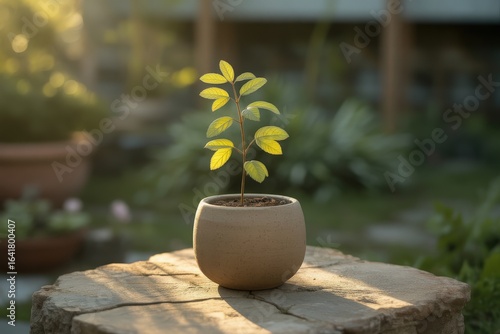 Young green plant growing in a rustic pot outdoors