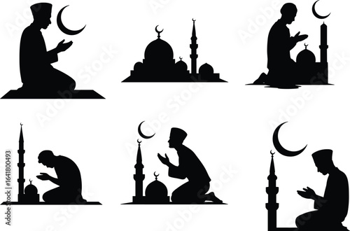 Islamic prayer vector, Muslim man silhouette, mosque and crescent moon icon, Ramadan worship art, religious devotion concept, spiritual design illustration