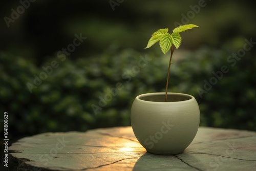 Small green plant in a pot on a stone surface