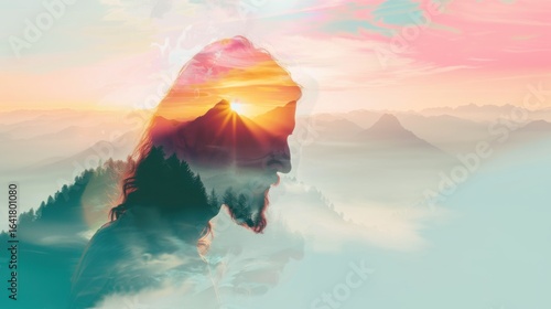 Double exposure of a man's silhouette with the image of mountains and a sunset, as a symbol of christian faith.