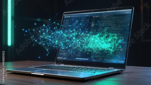 Laptop screen with abstract data visualization