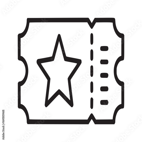 A black and white line drawing of a ticket with a star and perforated edge on a white background