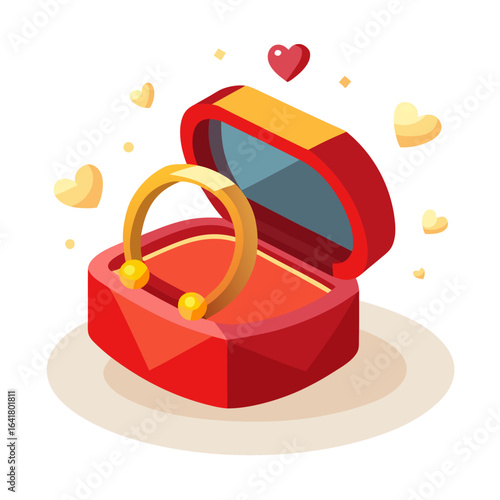 Golden Diamond Engagement Ring in Velvet Box with Hearts Vector