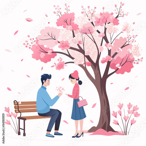 Man Proposing Under Cherry Blossom Tree with Park Bench Vector