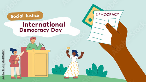 International Democracy Day illustration with diverse hands holding peace symbol for global unity and freedom awareness