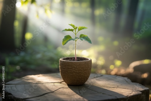 Young sapling growing in a pot bathed in forest sunlight