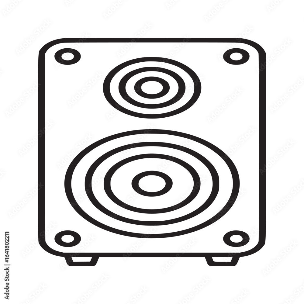 A simple line drawing of a speaker with two round speakers and four corner accents on white A simple line drawing of a speaker with two round speakers and four corner accents on white