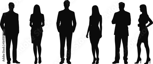 PrintSilhouette of six people, business professionals, men and women, office team, corporate group, formal attire, standing together, white background