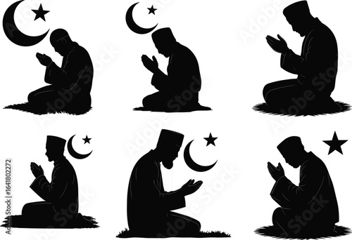 Muslim man praying silhouette, Islamic moon star symbol, Ramadan worship vector, Islamic religious illustration, peaceful devotion concept, spiritual design