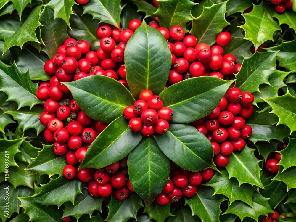 Obraz premium Vibrant Holly Berries and Lush Green Leaves: Festive Christmas Floral Arrangement, Close-Up Macro Shot.