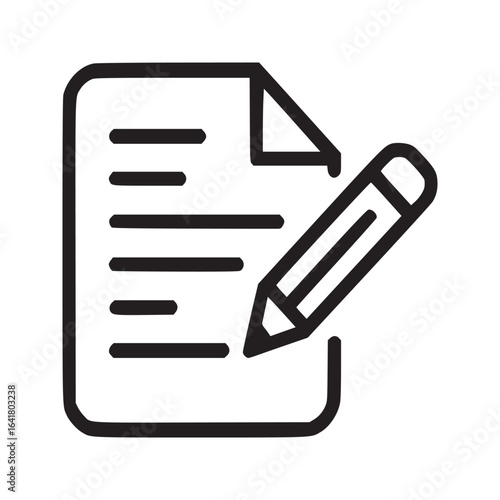 A simple line drawing of a document with text and a pencil writing on the document icon design