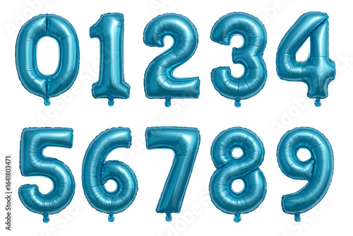 Blue metallic number balloons isolated on a transparent background zero