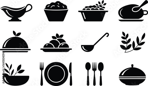 Restaurant Menu Icons: Black and White Minimalist Food Service Graphics