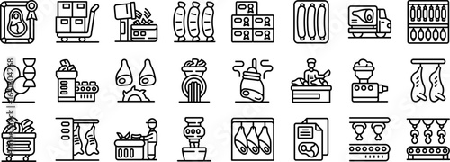 Meat processing icons set. Icons depicting meat processing, including butchering, packaging, transportation, and quality control, highlighting the journey from farm to table