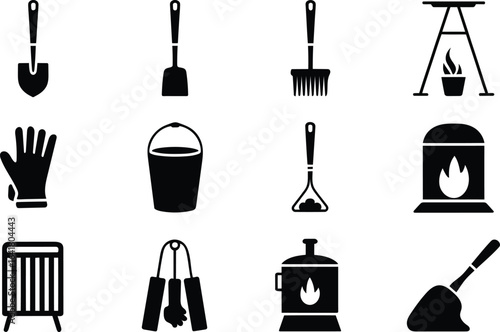 Black and white glyph icons:  fireplace, tools, cleaning, and safety equipment.