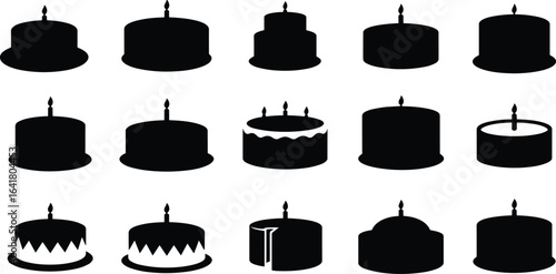 Silhouette birthday cake icons, single candle cake, celebration dessert, party sweet symbol, bakery decoration design, black vector illustration